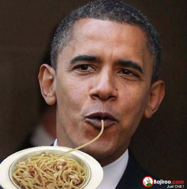 Barack Obama With Duck Face Eating Noodles Funny Photoshop Image