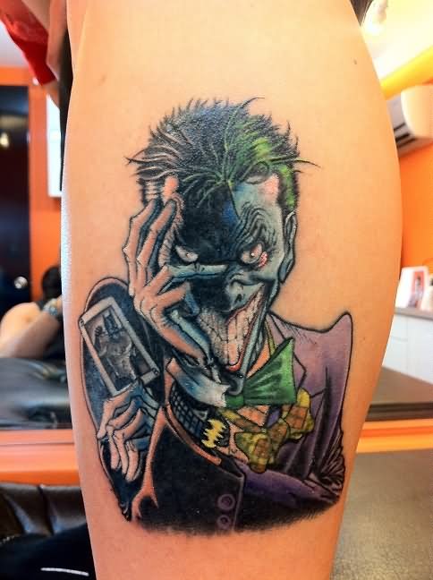 Batman Joker Tattoo On Side Leg
