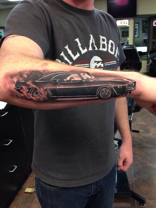 Beautiful Camaro Car Tattoo On Right Arm