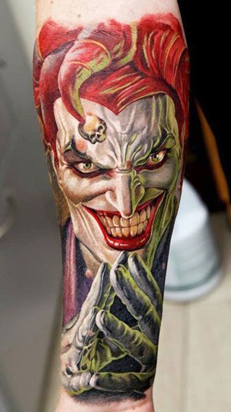 Beautiful Color Joker Tattoo On Forearm
