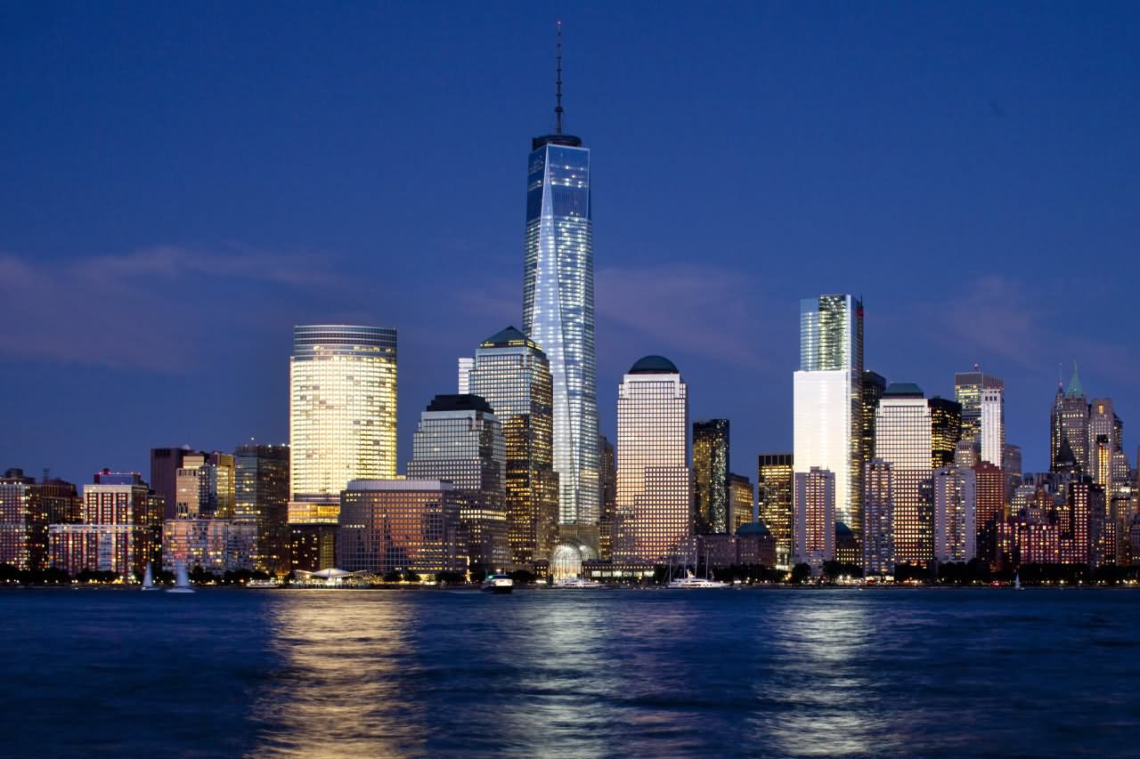 Beautiful Night Picture Of One World Trade Center And Surrounding Buildings