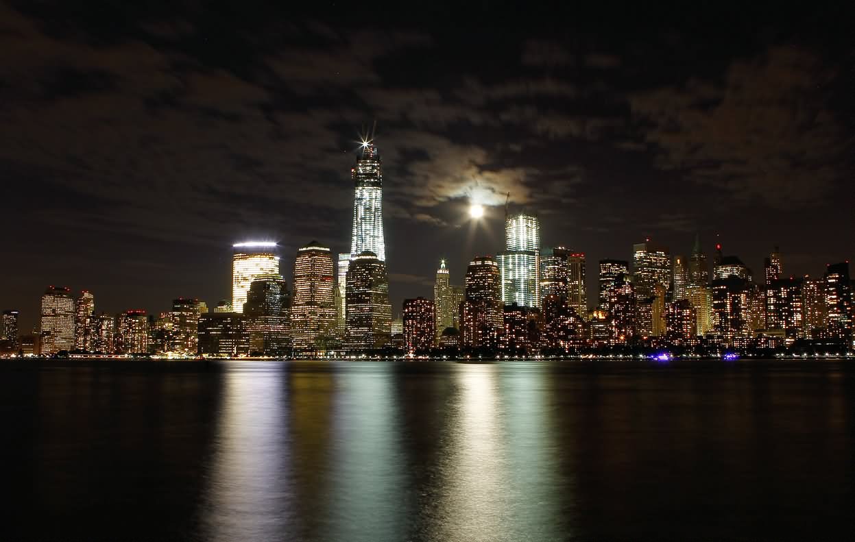 Beautiful One World Trade Center Night Picture With Surrounding Buildings