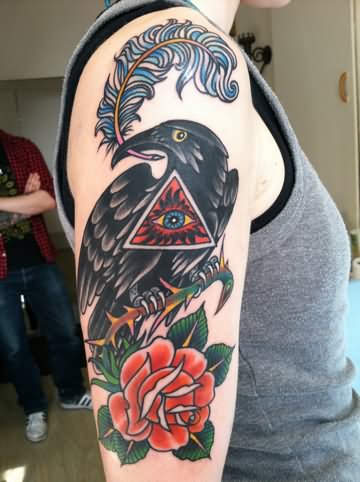Beautiful Traditional Raven Tattoo On Right Half Sleeve