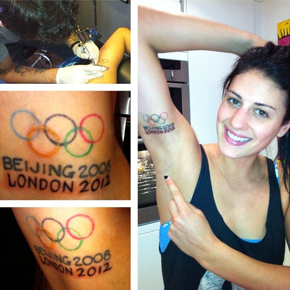 Beijing 2008 London 2012 - Colorful Olympic Symbol Tattoo On Girl Right Bicep