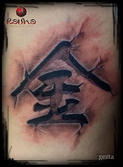 Black 3D Kanji Lettering Tattoo Design