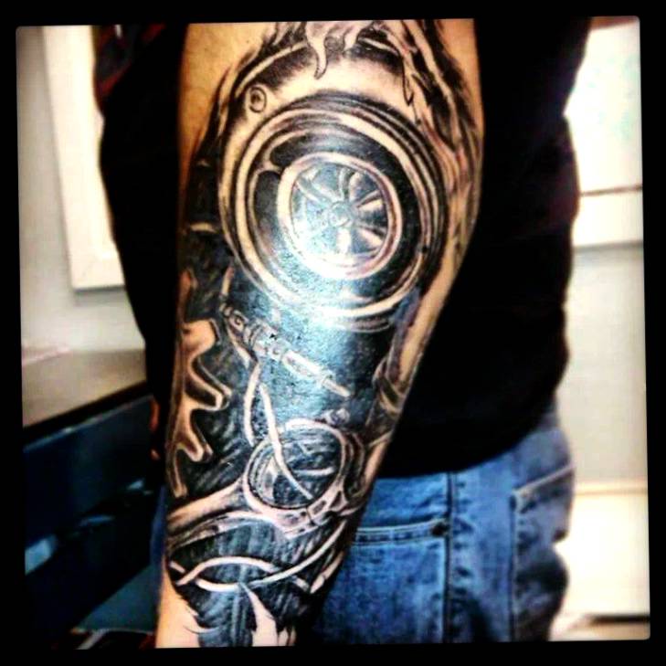 Black And Grey Car Parts Tattoo On Left Sleeve
