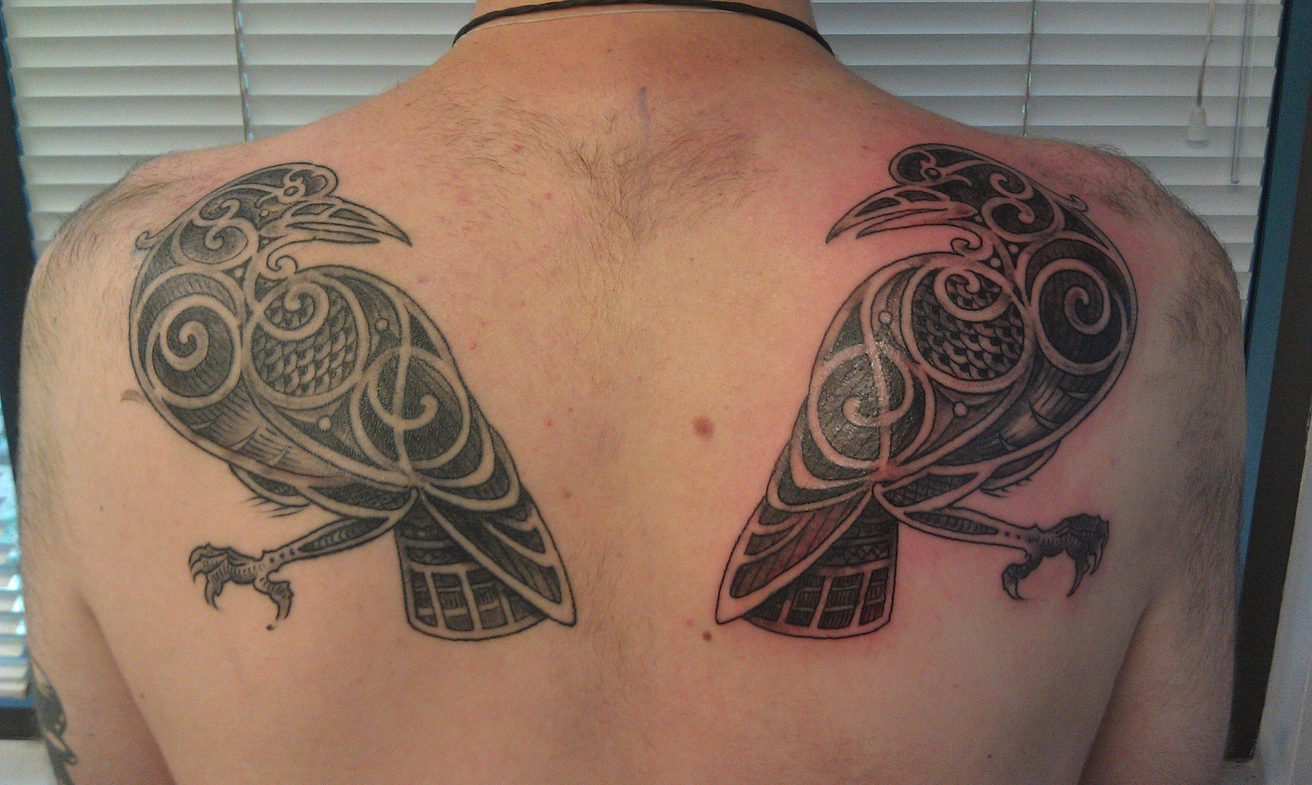 Black And Grey Hugin And Munin Tattoos On Back Shoulder