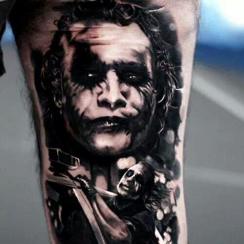 Black And Grey Joker Tattoo On Leg