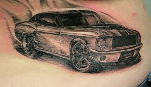 Black And Grey Mustang Car Tattoo On Waist