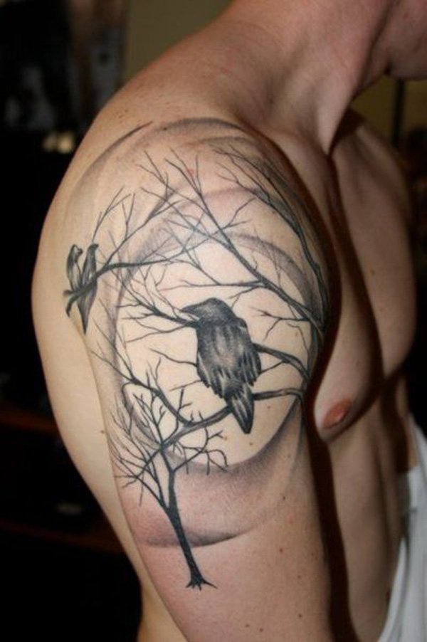 Black And Grey Odin's Raven Tattoo On Right Half Sleeve