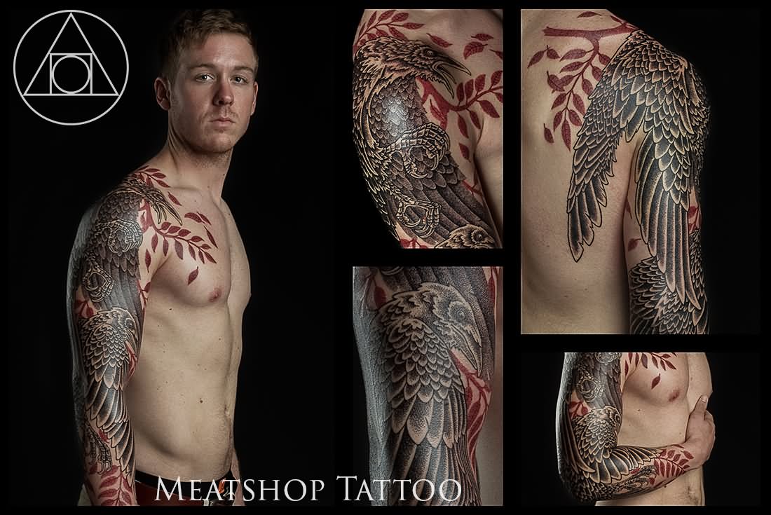 Black And Grey Odin's Raven Tattoo On Right Sleeve