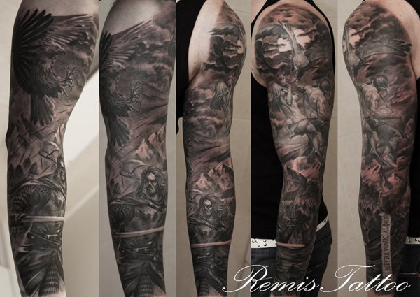 Black And Grey Raven Tattoo On Sleeve For Men