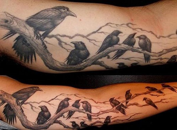 Black And Grey Raven Tattoos On Sleeve