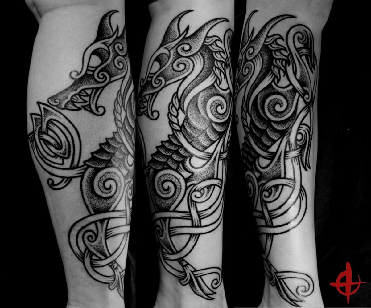 Black And Grey Scandinavian Tattoo On Leg