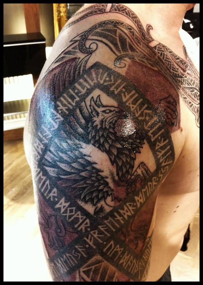 Black And Grey Scandinavian Tattoo On Man Right Shoulder