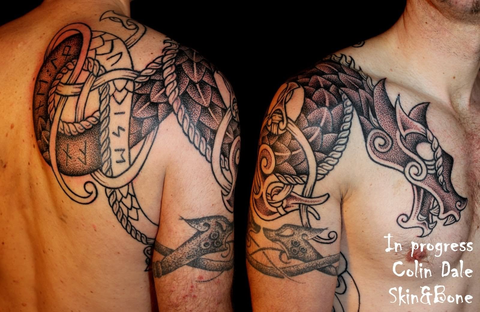 Black And Grey Scandinavian Tattoo On Right Shoulder For Men