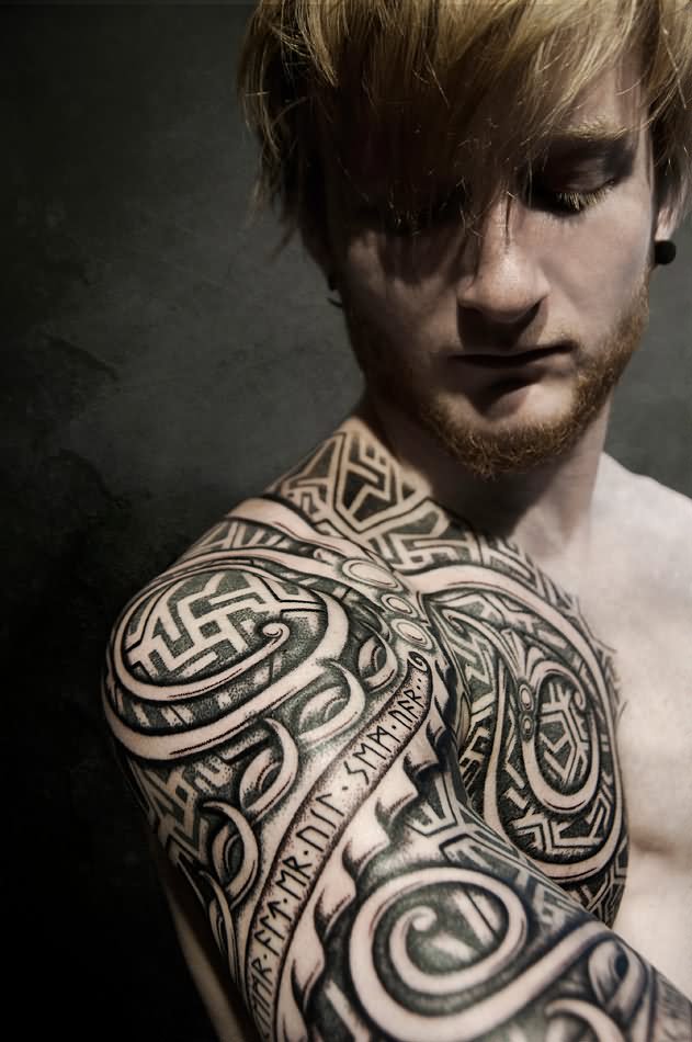 Black And Grey Scandinavian Tattoo On Right Shoulder