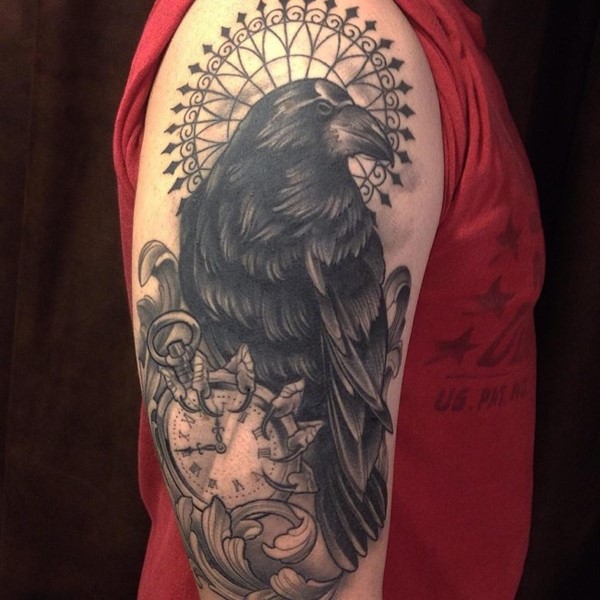 Black And Grey Traditional Raven And Pocket Watch Tattoo On Right Half Sleeve