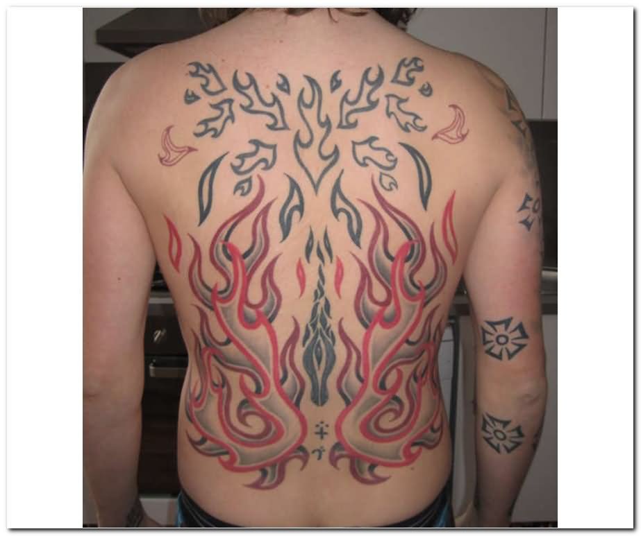 Black And Red Fire And Flame Tattoo On Man Full Back