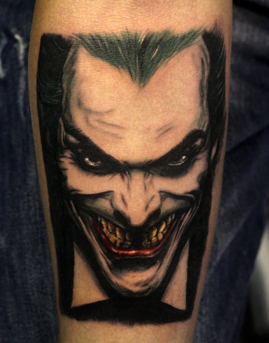 Black And White Evil Joker Tattoo On Arm