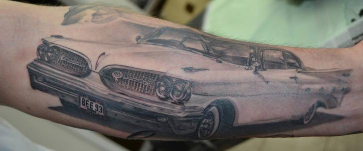 Black And White Realistic Car Tattoo On Arm Sleeve