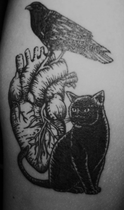 Black Cat With Human Heart And Poe Raven Tattoo