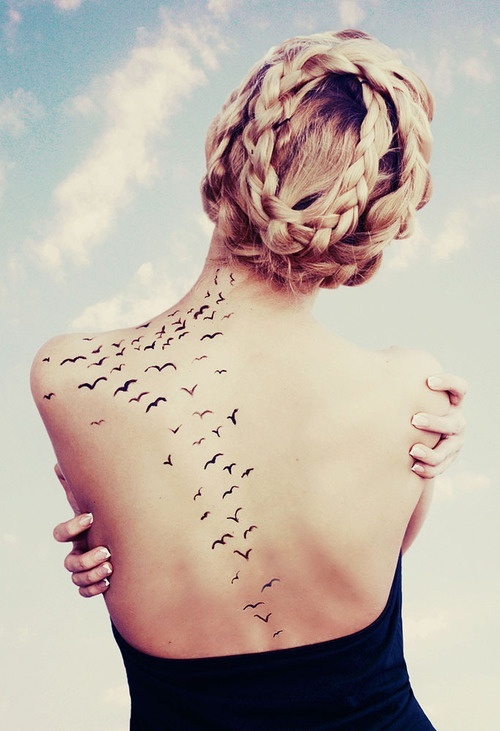 Black Feminine Birds Tattoo On Girl Left Back Shoulder
