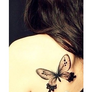 Black Feminine Butterfly Tattoo On Girl Left Back Shoulder