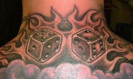 Black Ink Dice In Fire And Flame Tattoo Design For Back Neck