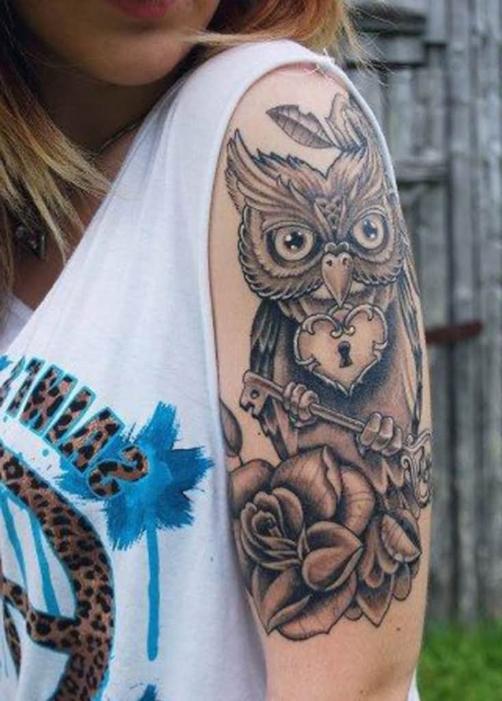 Black Ink Feminine Flower With Owl Tattoo On Girl Left Half Sleeve