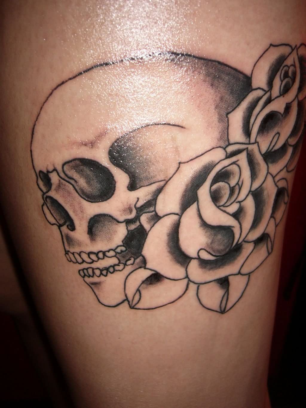 Black Ink Feminine Flower With Roses Tattoo Design