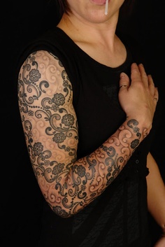 Black Ink Feminine Flowers Tattoo On Right Full Sleeve