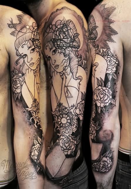 Black Ink Feminine Flowers With Girl Tattoo Design For Sleeve