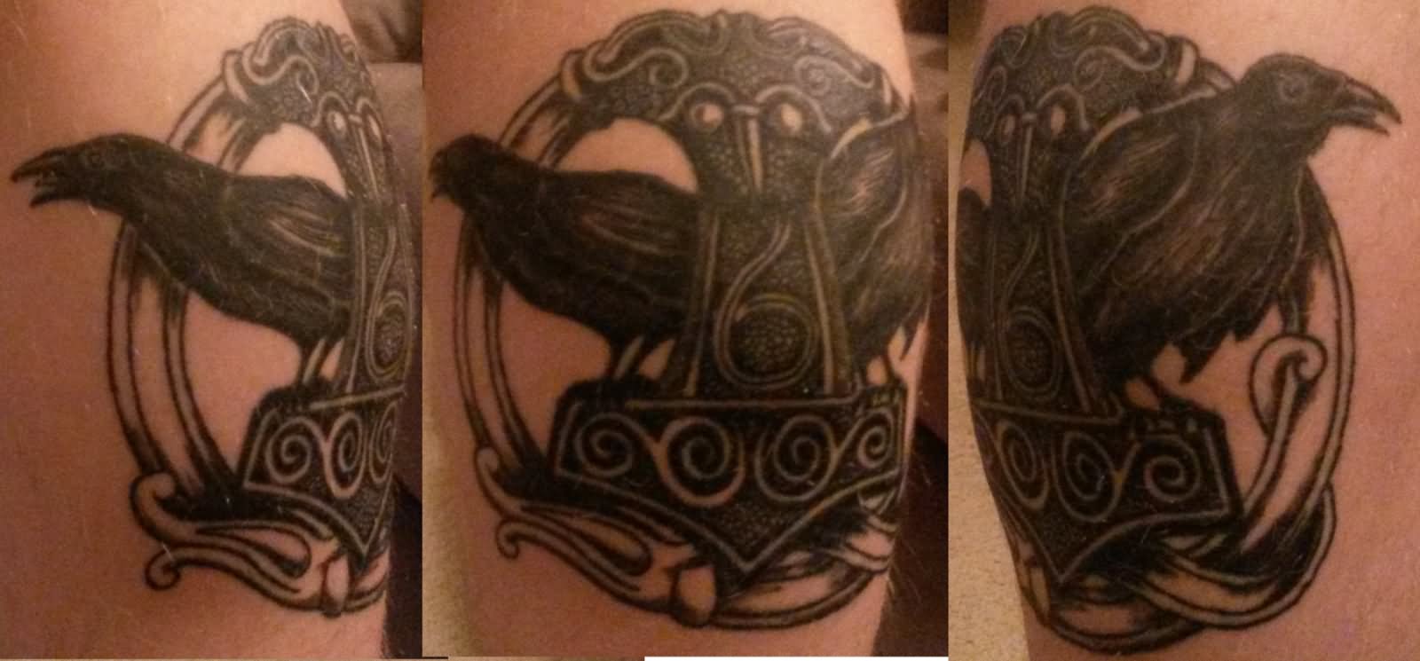 Black Ink Thor Anchor Odin's Raven Tattoo On Shoulder