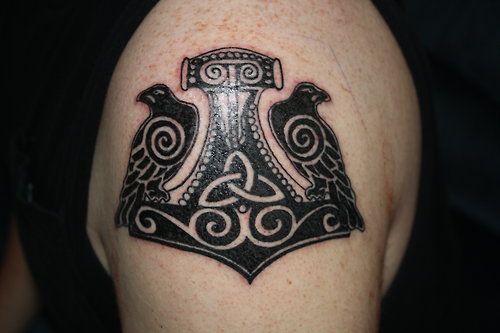 Black Ink Thor And Odin's Raven Tattoos On Shoulder