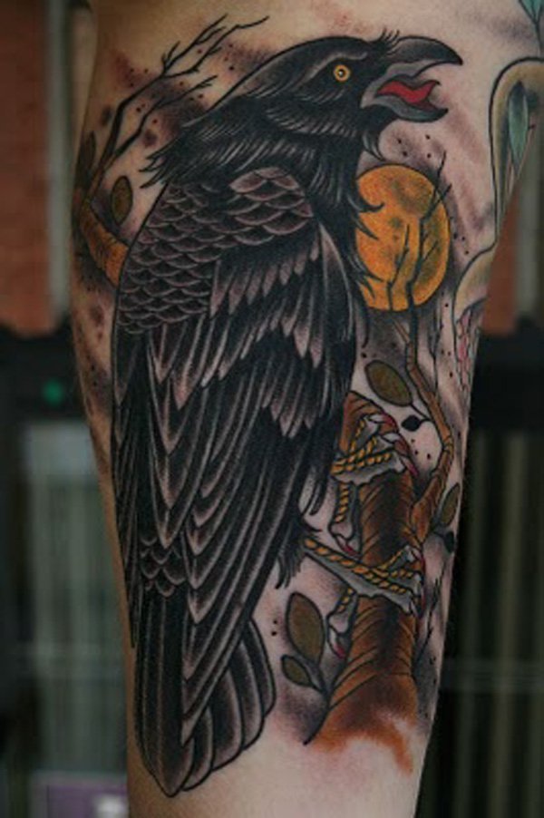 Black Ink Traditional Raven Tattoo On Arm