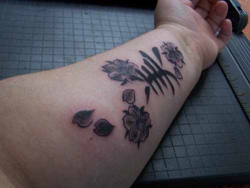 Black Kanji With Flowers Tattoo Design For Forearm