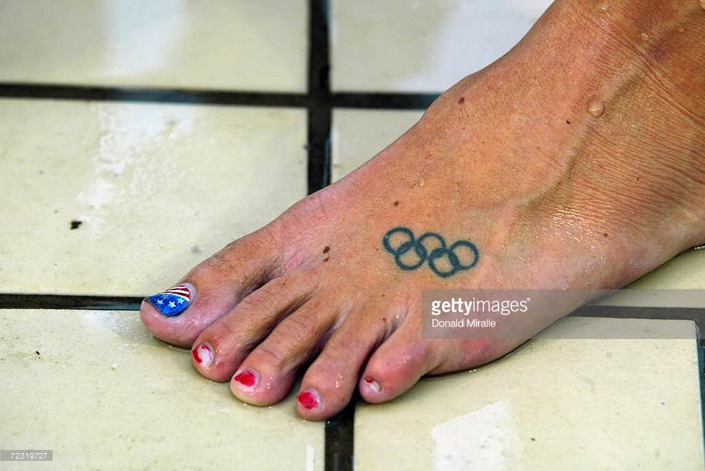 Black Olympic Symbol Tattoo On Girl Foot