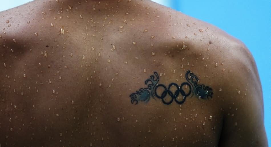 Black Olympic Symbol Tattoo On Man Right Back Shoulder