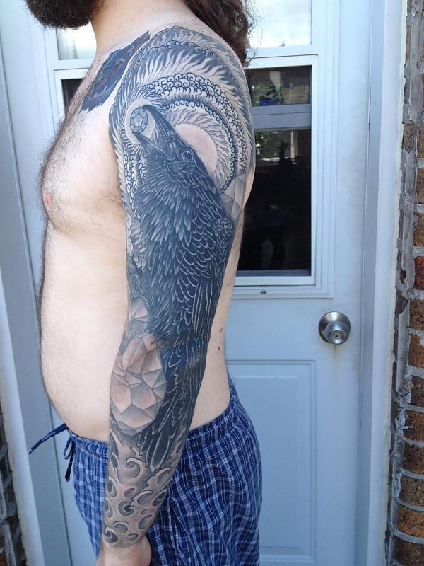 Black Raven Tattoo On Left Sleeve