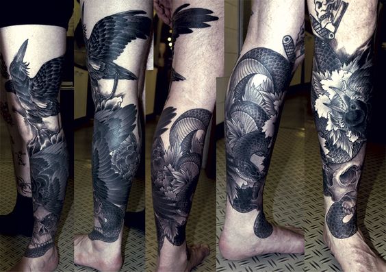 Black Raven Tattoo On Leg