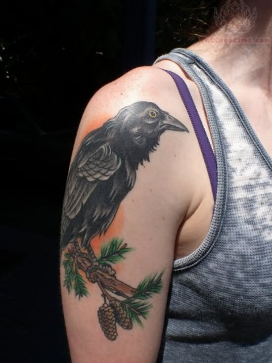 Black Raven Tattoo On Right Half Sleeve