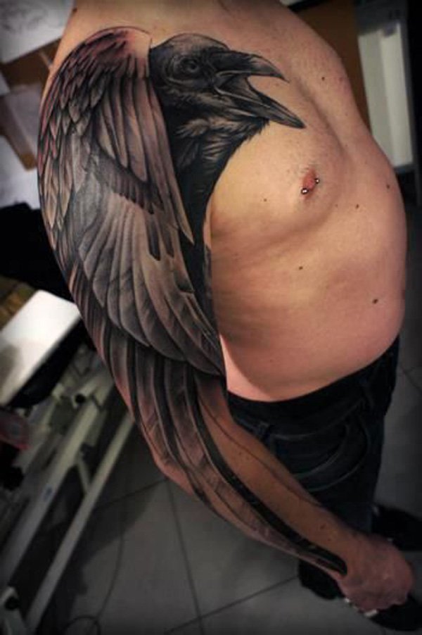 Black Raven Tattoo On Right Sleeve