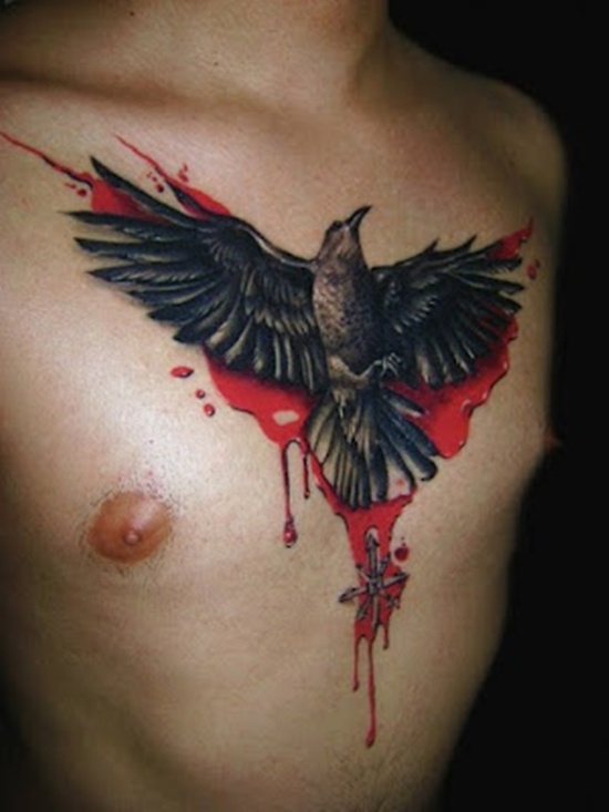 Bleeding Traditional Raven Tattoo On Chest For Men