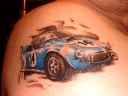 Blue Car Tattoo On Right Shoulder For Men