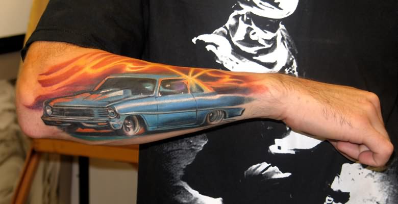 Blue Car on Fire Tattoo On Right Forearm