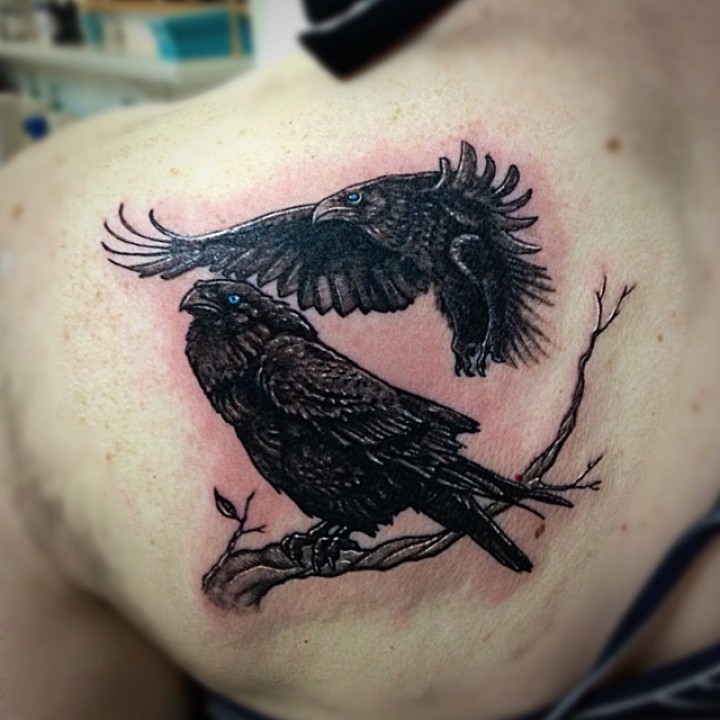 Blue Eye Norse Raven Tattoo On Left Back Shoulder