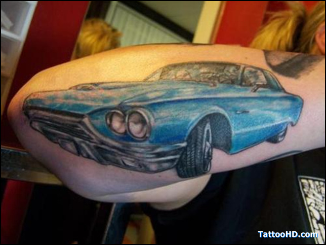 Blue Ink Car Tattoo On Right Arm