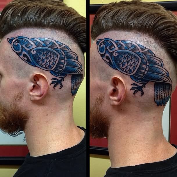 Blue Ink Celtic Norse Raven Tattoo On Head