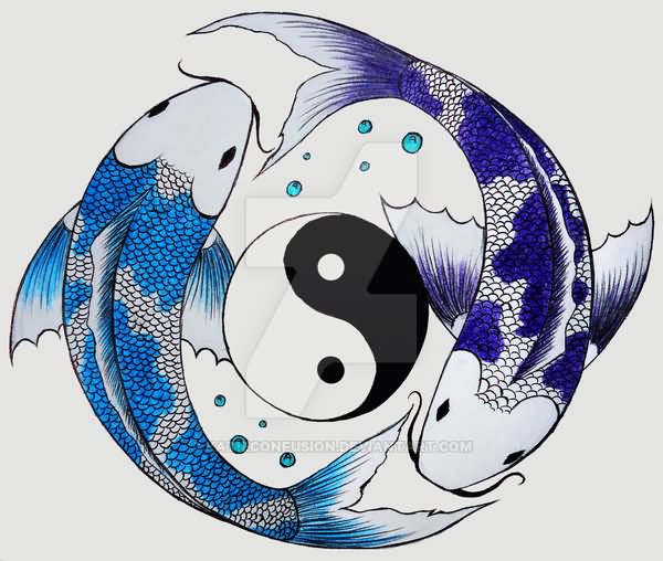 Blue Ink Yin Yang Fish Tattoo Designs